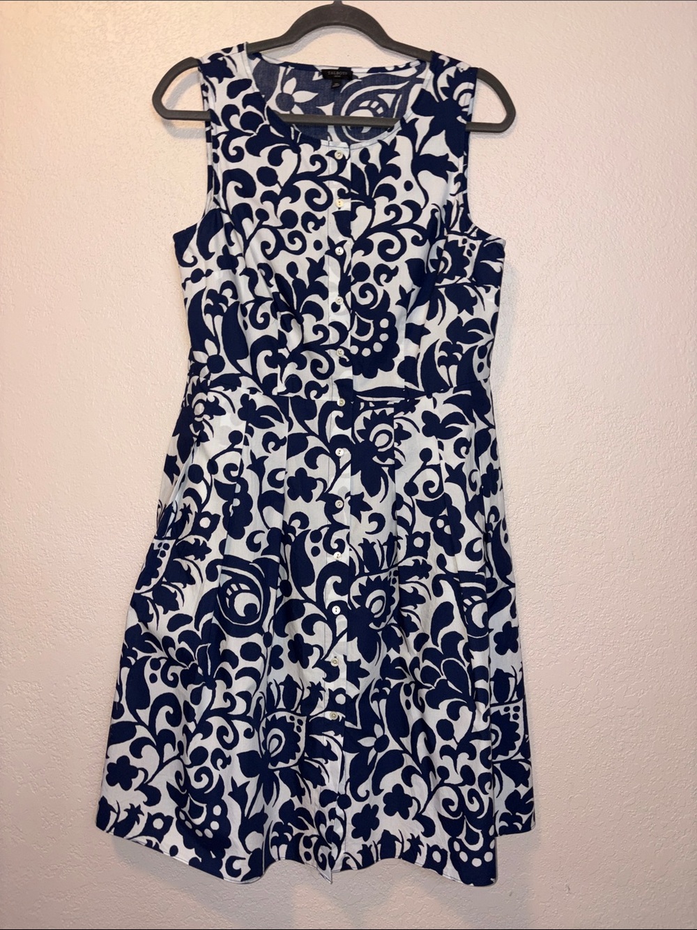 Talbots Petite dark blue and white print sleeveless cotton dress size 10p
